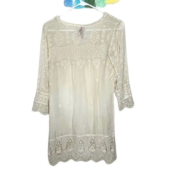 Johnny Was Boho Cream Ivory Lace Embroidered Eyelet Tunic 3/4 Sleeve Dress XS - Picture 14 of 15